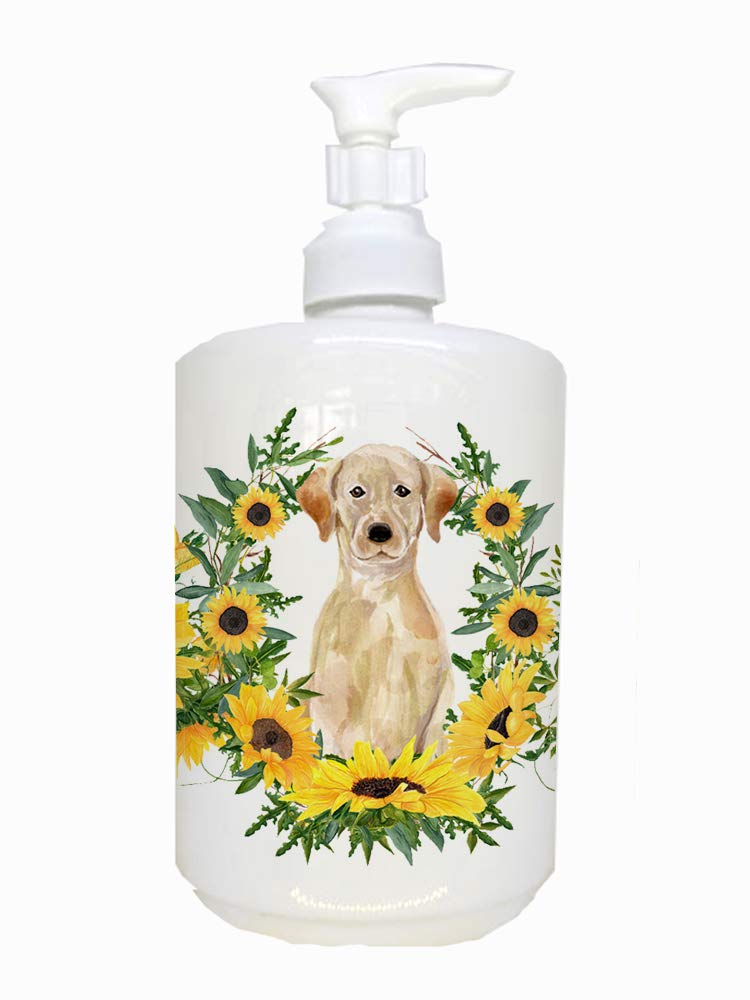 Caroline'S Treasures Ck2919Soap Yellow Labrador Retriever In Sunflowers Ceramic Soap Dispenser Hand Soap Dispenser Pump Bottles