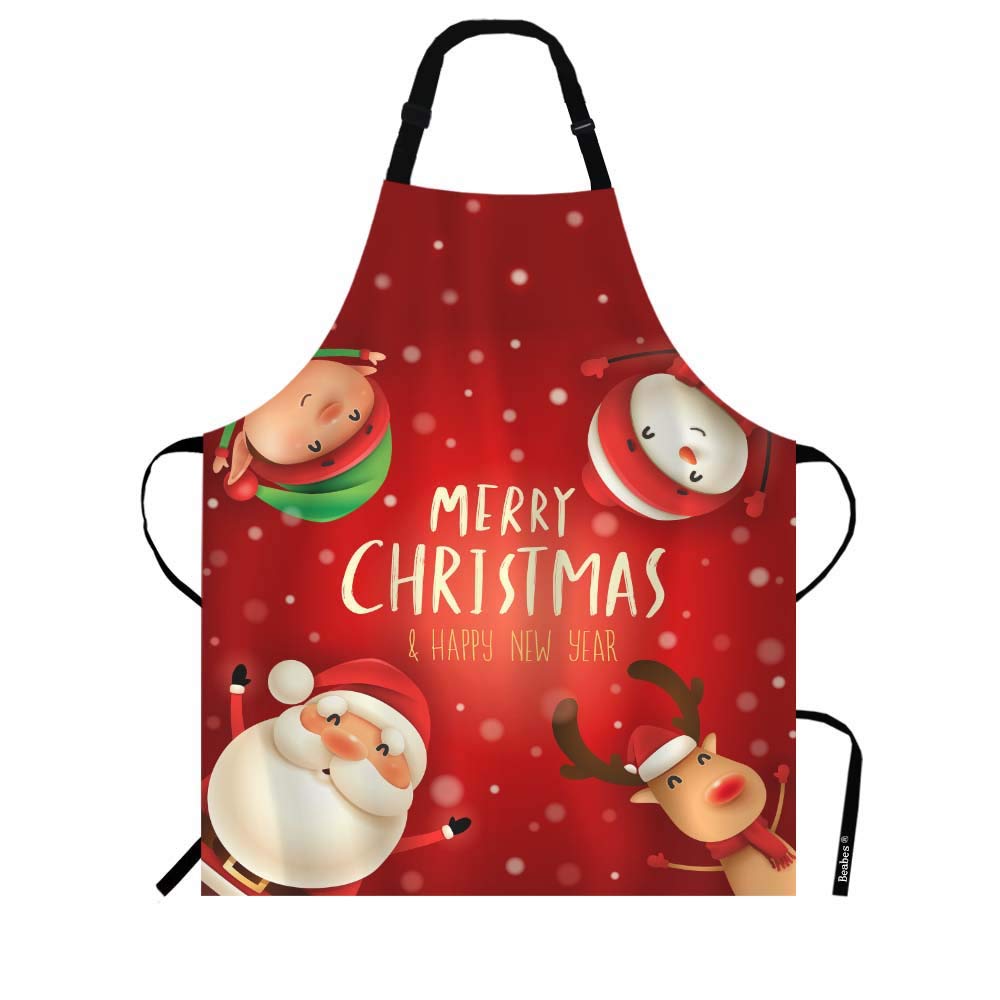 Beabes Santa Claus Snowman Reindeer Elf Snow Scene Kitchen Bib Apron Merry Christmas Cheerful Theme Polyester Adjustable Apron F