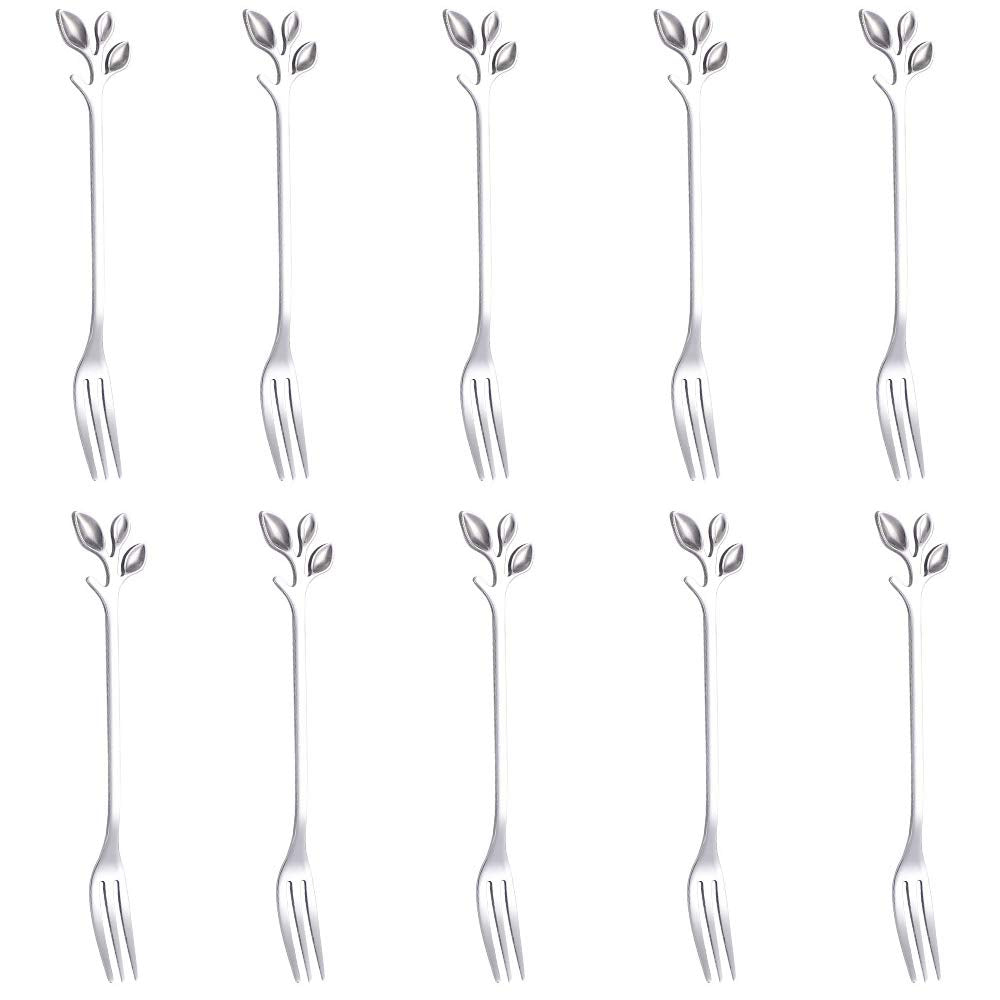 10 Pcs Stainless Steel Silver Leaf Creative Appetizer Cake Fruit Forks Set 4.7 Inches Tasting Dessert Forks Kitchen Accessory We