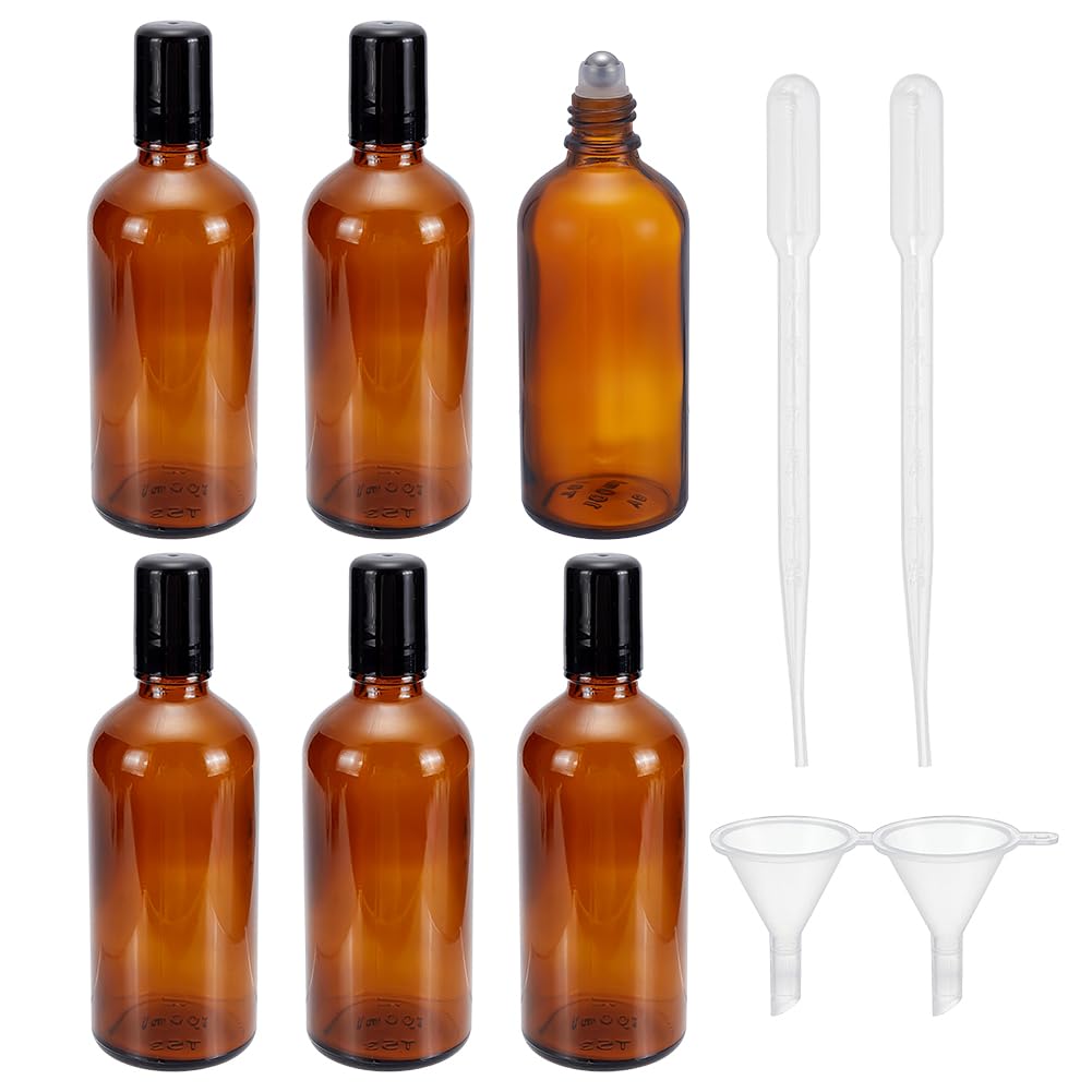 INFUNLY 6 Pack 100ml Amber Glass Roller Bottles Refillable Large Essential Oil Rollerball Vials with Black Caps Empty Perfume Ma
