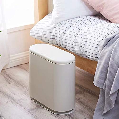 IEEK Slim Plastic Trash Can with Press Top Lid 2.4 Gallon/10 Liter Garbage Can Modern Waste Basket for Bathroom Living Room Office Kitchen and Narrow Spaces Grey