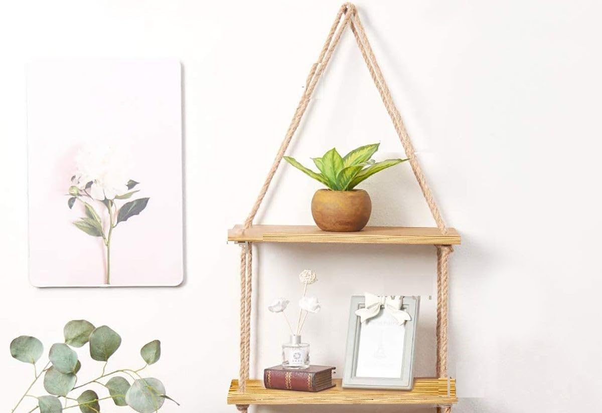 VAH Wall Hanging Shelf, Real Pine Wood Floating Shelves for Wall Rustic Rope Shelves Plant Shelf Farmhouse Decor for Living Room