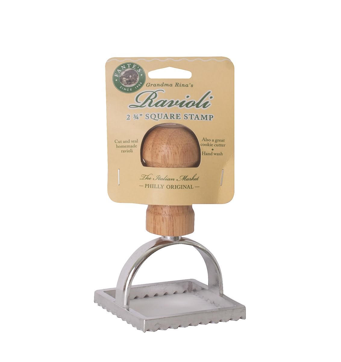Fantes Ravioli Maker Stamp Set, Square Stamp With Wooden Handle And Fluted Edge, 2.75-Inch, The Italian Market Original Since 19