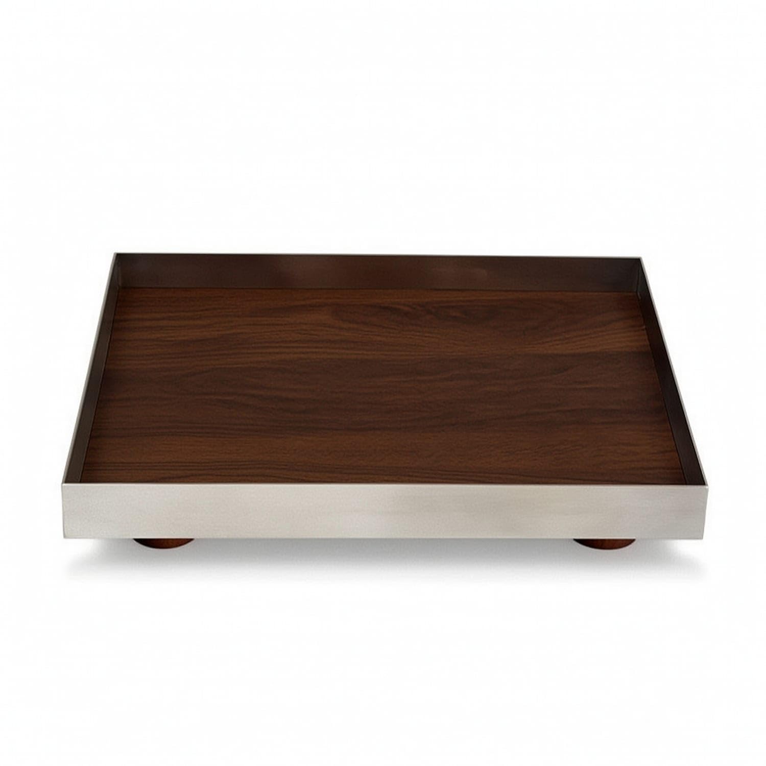 Decorative Tray With Wood Interior Rectangular Stainless Steel Tray Polished Modern For Coffee Table, Vanity, 35X25X7.5Cm