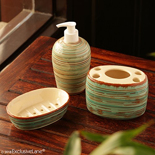 Exclusivelane Elegant Ceramic Bathroom Accessory Set Of 3 (Liquid Soap Dispenser, Soap Dish, Toothbrush Holder) - Sea Green & Br
