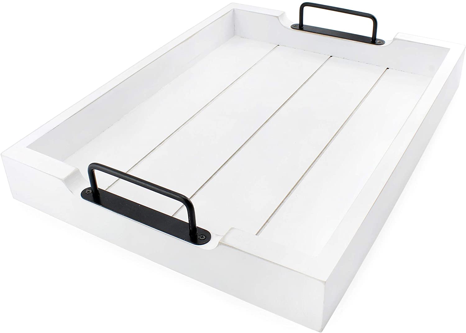 Auldhome Rustic Wood Serving Tray (White); Wooden Farmhouse Shiplap Decorative Ottoman Tray With Black Metal Handles, 16.75 X 12