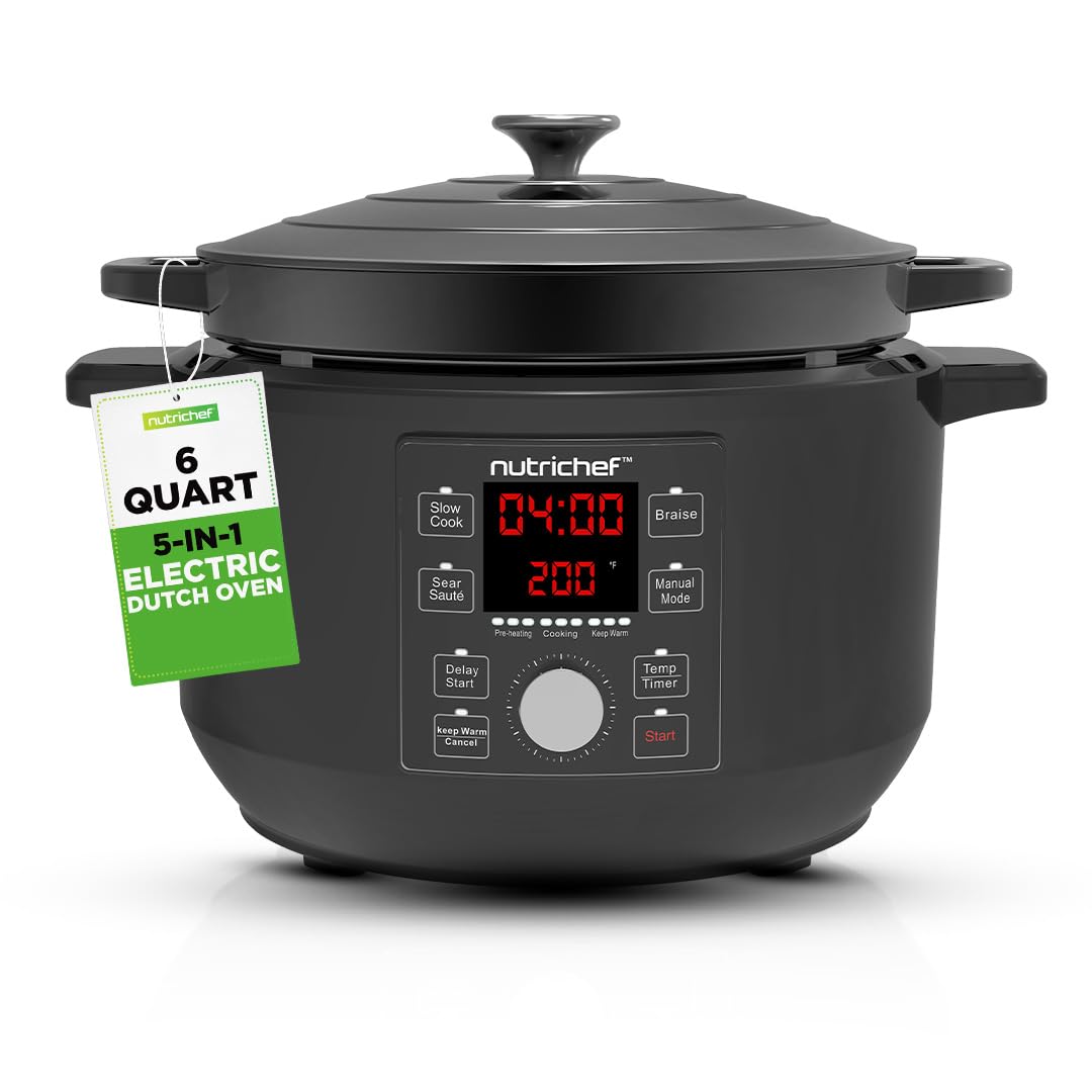 Nutrichef 6 Quart Electric Dutch Oven | 1500W 5-in-1 Enamel Coated Cast Iron Pot with Stainless Steel Lid | Precise Temperature 