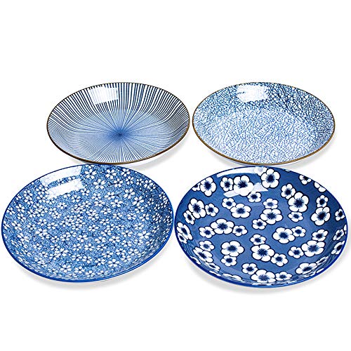 Kylimate 9.1'' (23Cm) Porcelain Bowl Set, 34 Ounce, Set Of 4, Shallow Bowls For Pasta, Salad, Cereal, Assorted Four Classical Bl