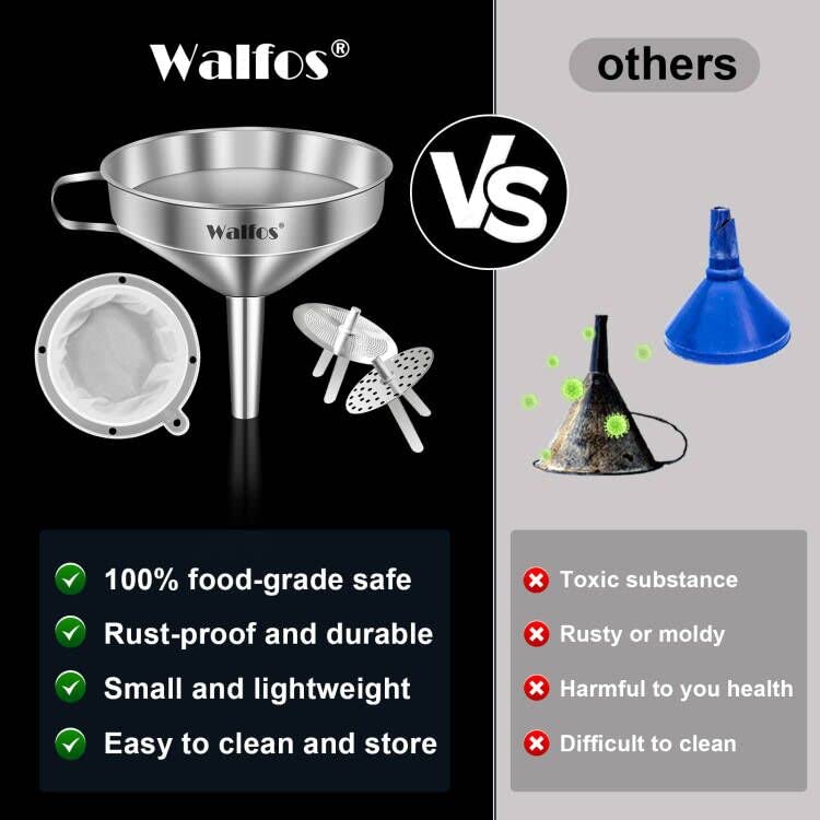 Stainless Steel Funnel, Walfos Kitchen Funnel With 2 Removable Strainer & 1Pc Cleaning Brush, Perfect For Transferring Of Liquid