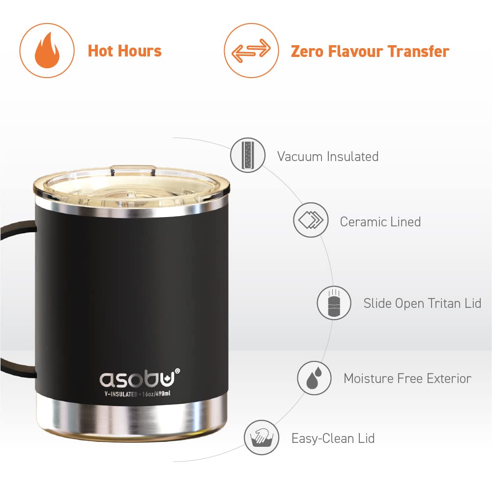 Asobu Stainless Steel Insulated Coffee Mug With Ceramic Inner Coating For Ultimate Flavor 12 Ounce (Black)