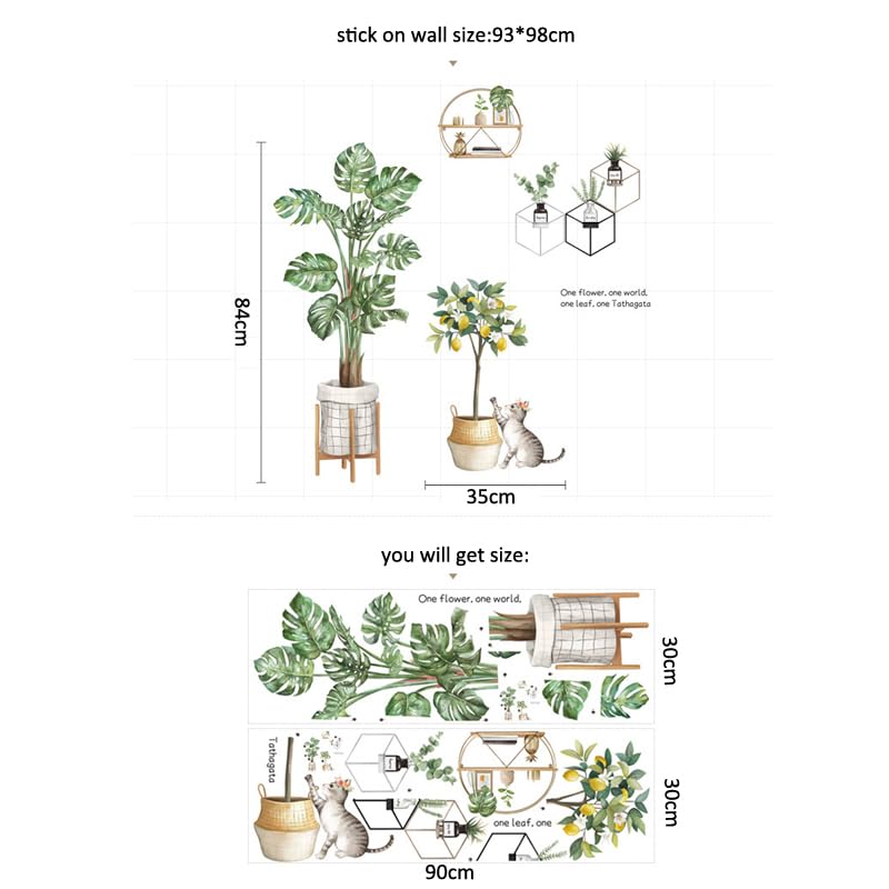 INDIAN ROYALS Green Leaves with Tropical Potted Plant Wall Art Decoration PVC Vinyl Removable Wall Sticker (30 CM x 90 CM, 2PCS)