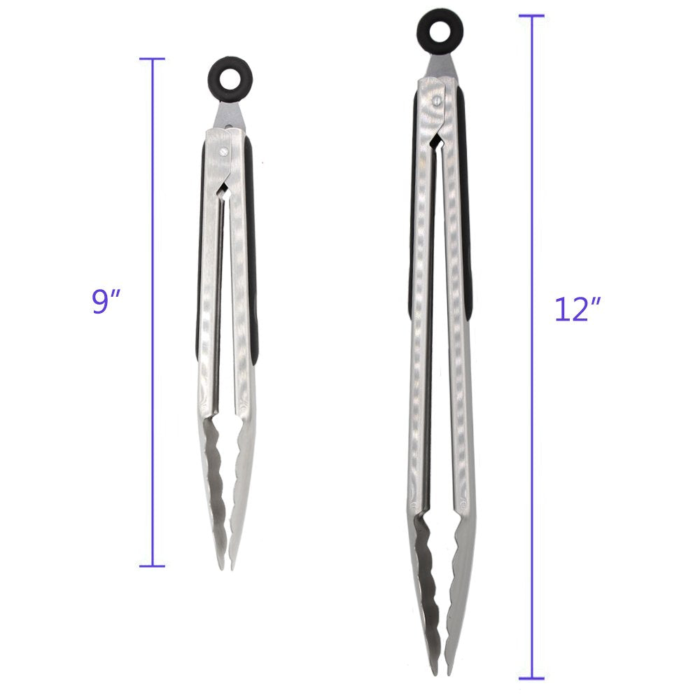 304 Stainless Steel Kitchen Cooking Tongs, 9'' And 12'' Set Of 2 Sturdy Grilling Barbeque Brushed Locking Food Tongs With Ergono