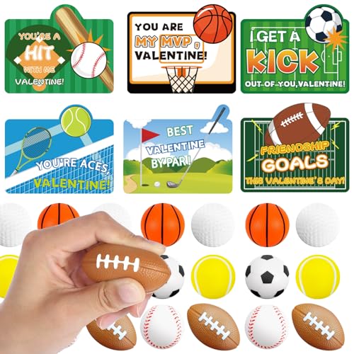 Golden Associate Sports Valentines Day Cards 30 Pack, Squeeze Balls Valentines Gifts For Kids School,Classroom Exchange Party Fa