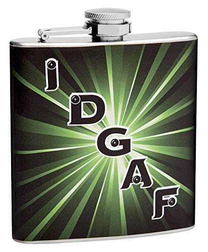Hip Flask Gift Set with Refill Funnel and 2 Stainless Steel Shot Glasses  IDGAF (I Dont Give a F.) Design  Green Wrapped Viny