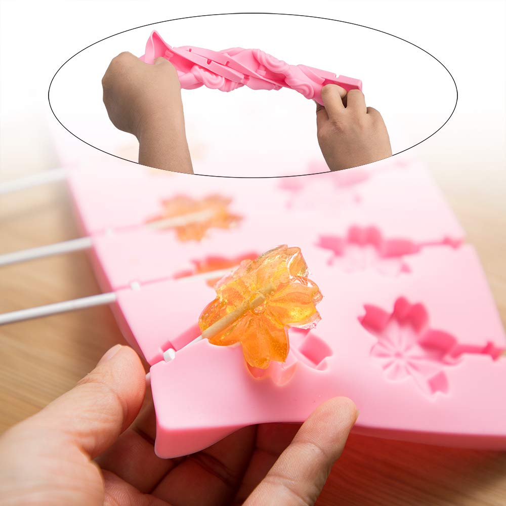 3 Pack Silicone Lollipop Molds,Sonku 12 Cavity Round Cherry Blossoms Swirl Chocolate Hard Candy Mold With 60 Pcs Sucker Sticks
