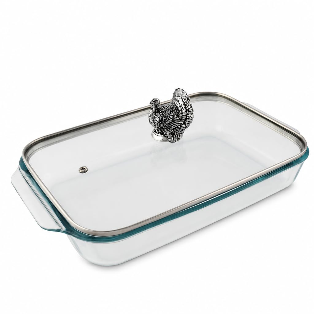 Arthur Court Glass Casserole Dish with Turkey Lid Handle  Elegant Baking Dish for Thanksgiving Sides  3 Quart, 9.25 x 13.5 Inc