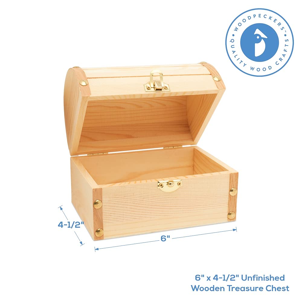 Woodpeckers 6 inch Pirate Treasure Chest, Pack of 48 Craft Treasure Chest for Classroom, Unfinished Wood Boxes for Crafts & Part
