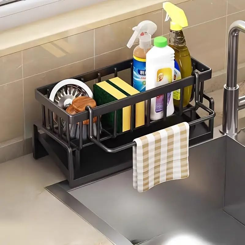 Cartenza Sponge Holder For Kitchen Sink  Rustproof Steel Sink Caddy With Brush Holder, Divider & Soap Organizer  Big Metal Dra