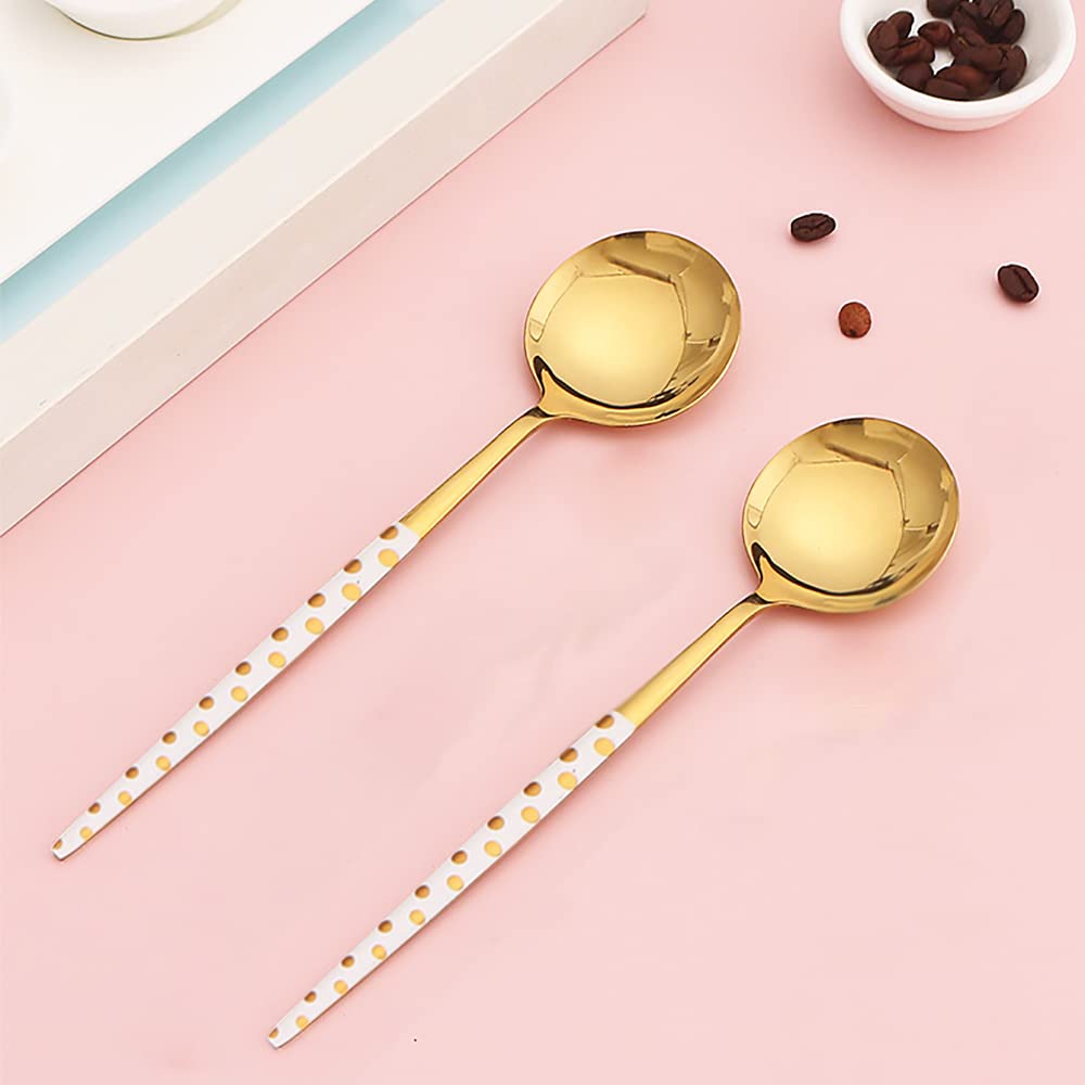 Stainless Steel Soup Spoon,Korean Dessert Spoon,Polka Dot Mixed Color Spoon For Home, Kitchen Or Restaurant, Set Of 4 Colour Pol