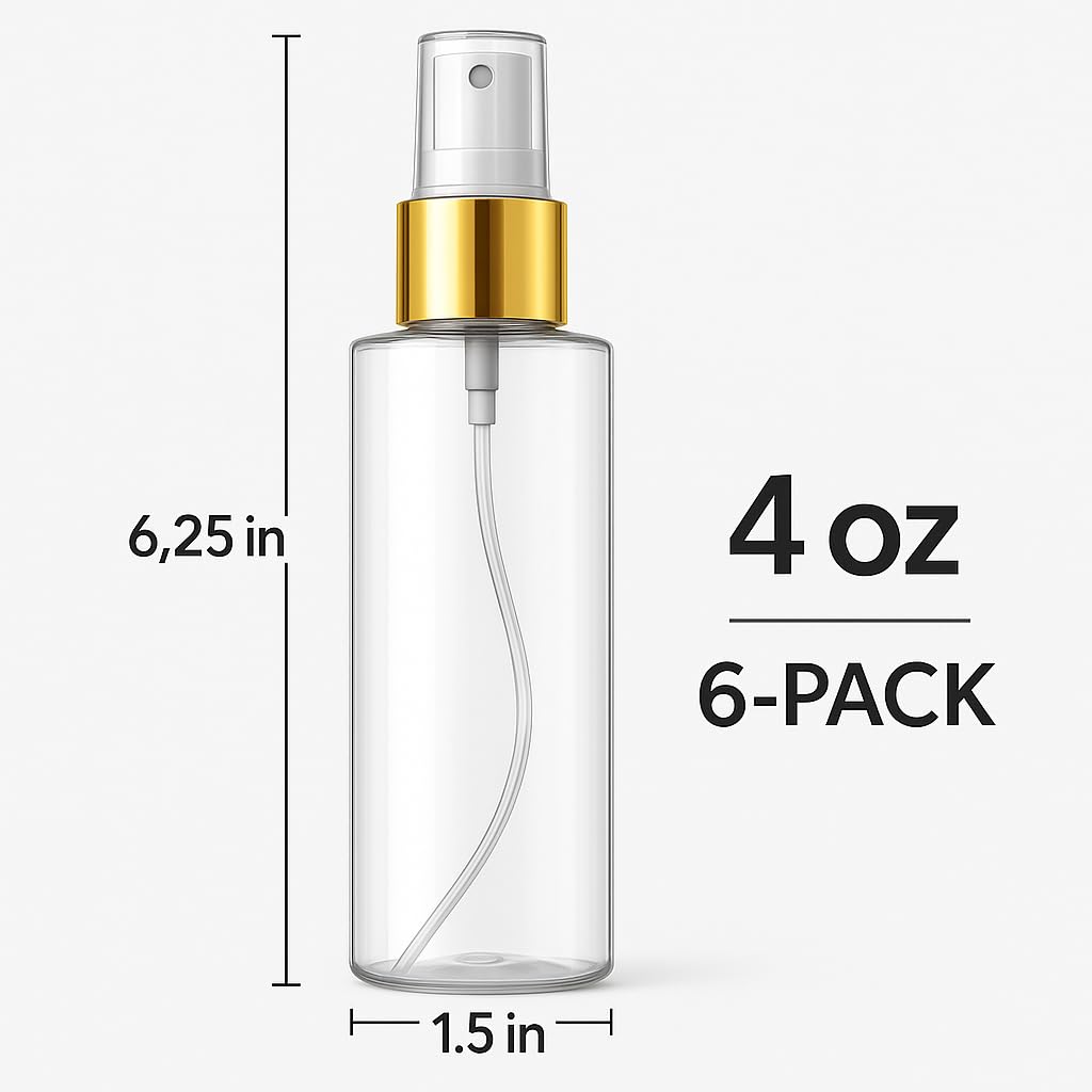 Bar5F Fine Mist Spray Bottle 4-Ounce Crystal-Clear And Firm Bpa-Free Gold Misting Cap 6-Pack