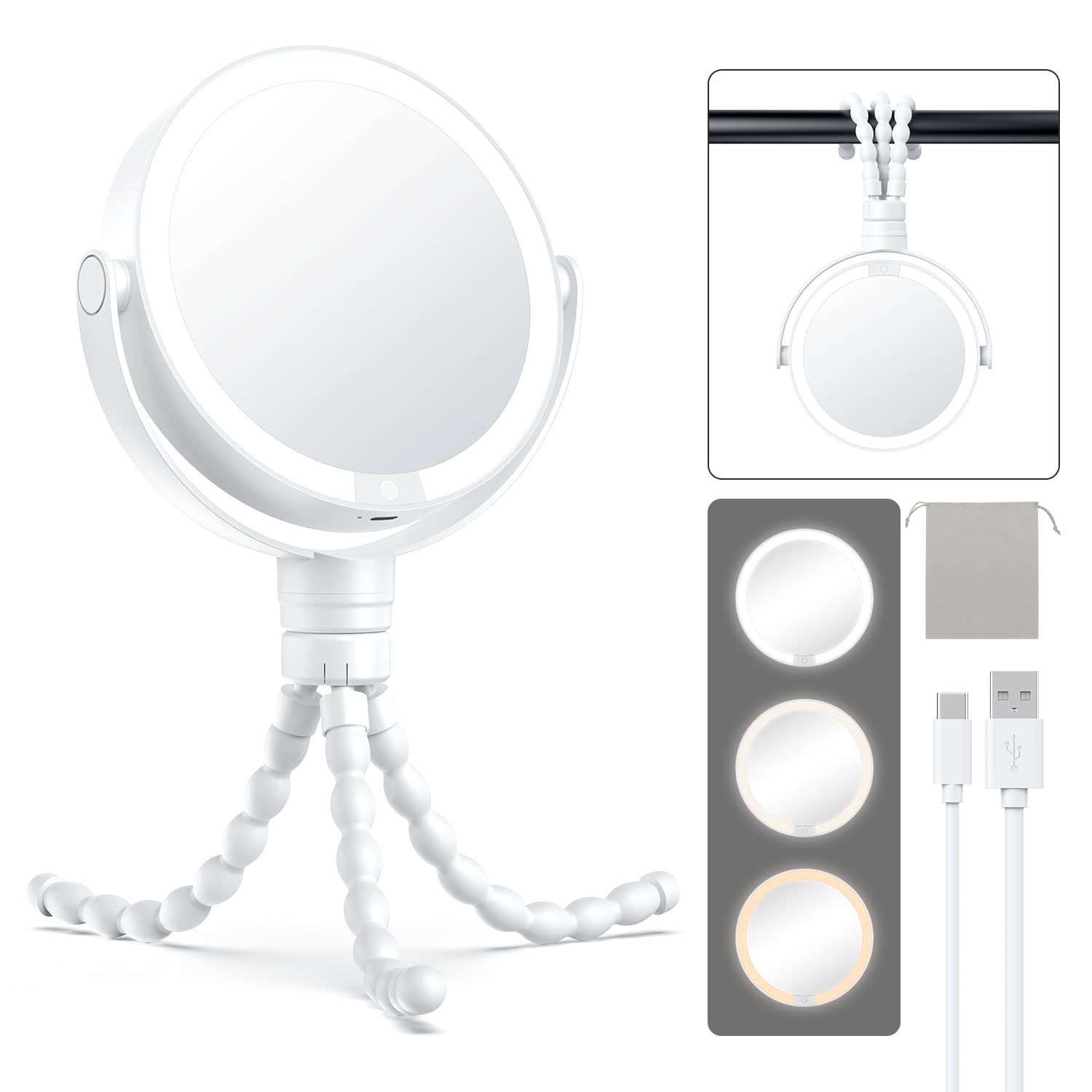 Gospire 5.85    Tripod Travel Makeup Mirror With Lights And Magnification 1X/10X, 4 In 1 Winding Hanging Handheld Tabletop, 3 Li