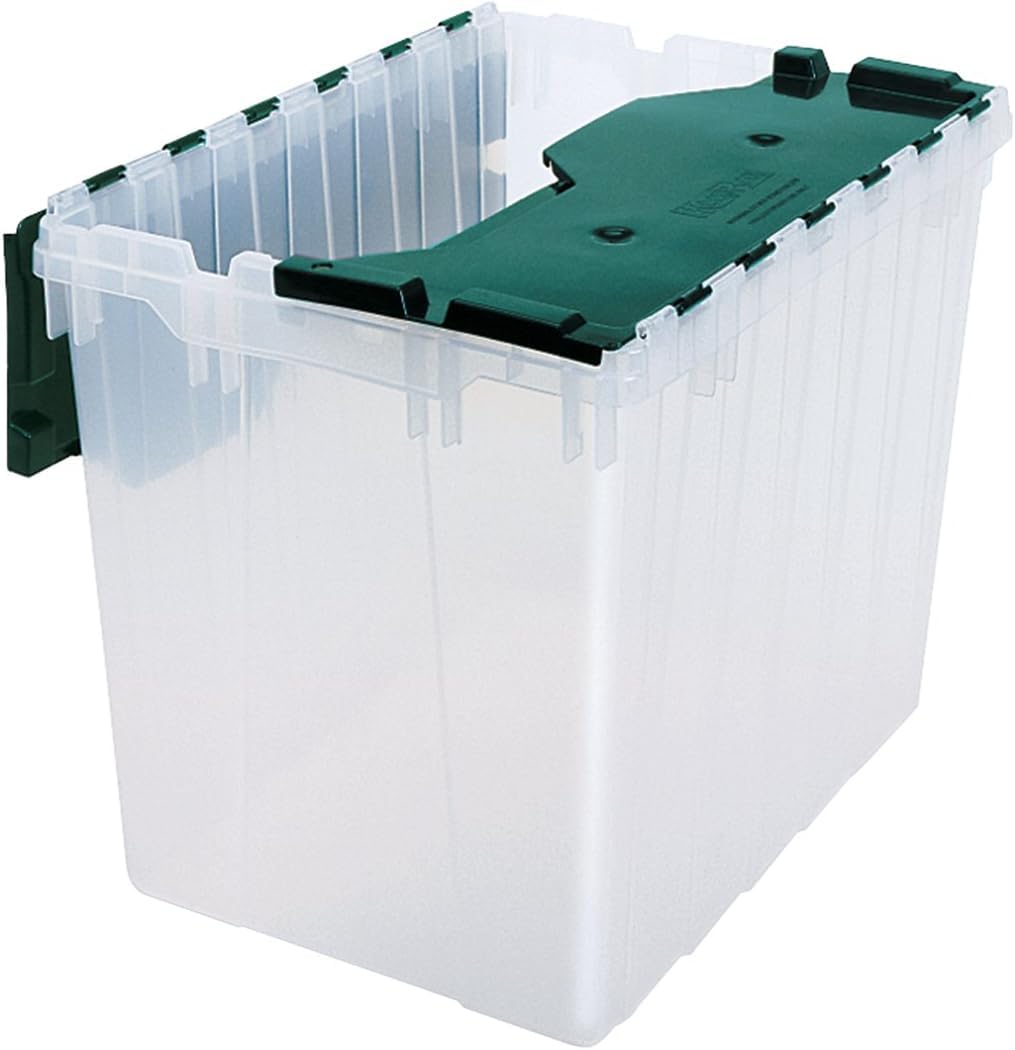 Akro-Mils 66497 18 Gallon Plastic Stackable Storage KeepBox Tote Container with Hinged Attached Lid  21-Inch L x 15-Inch W x 17-Inch H  Clear/Green