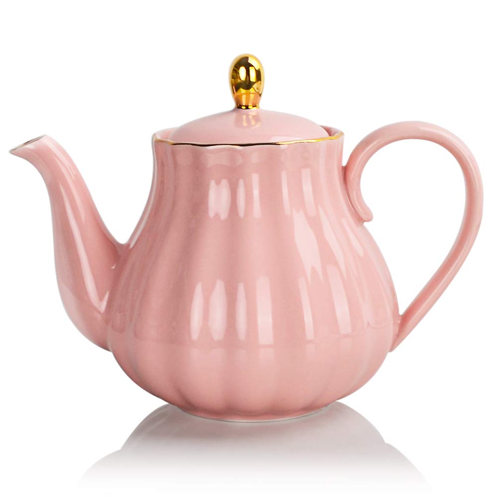 Sweejar Royal Teapot, Ceramic Tea Pot With Removable Stainless Steel Infuser, Blooming & Loose Leaf Teapot - 28 Ounce(Pink)