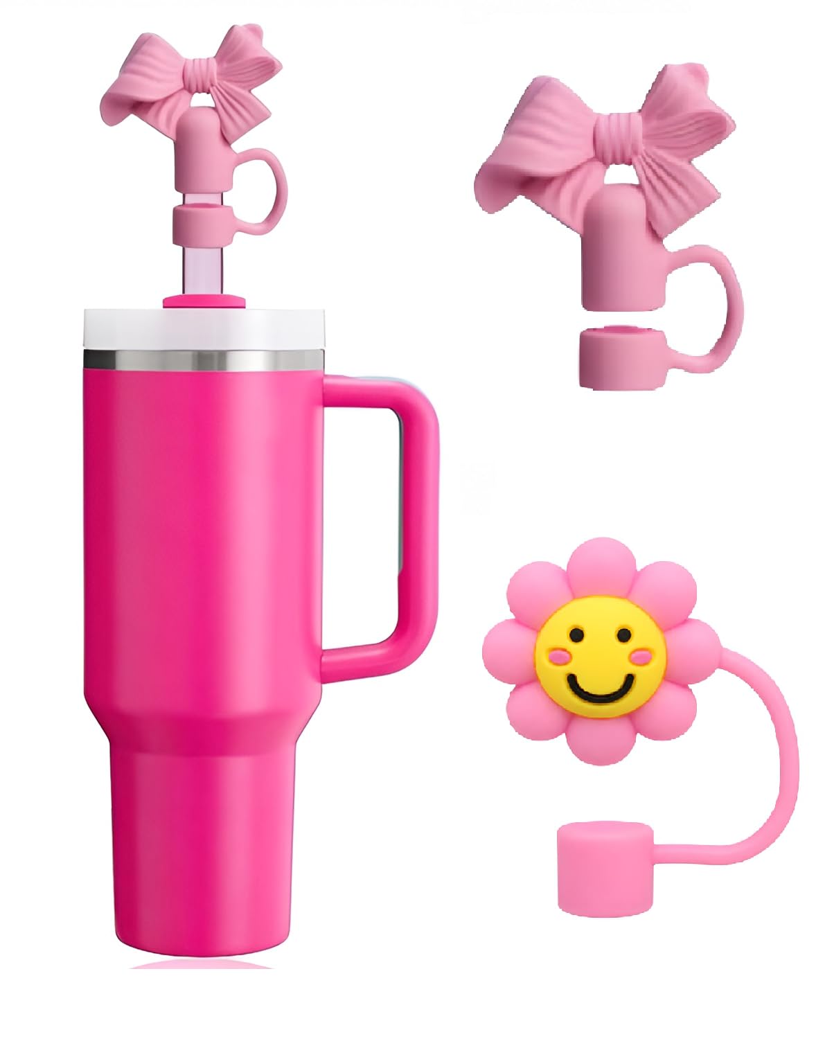 Mishi 2 Piece Silicone Straw Cap Set for Stanley Cups & Tumblers | Cute Cartoon Animal & Flower Straw Covers | Reusable Dustproo