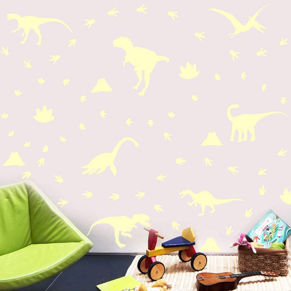 IARTTOP Dinosaur Wall Decals Glow in The Dark Dinosaur Stickers for Kids Room Dinosaur Theme Footprints Volcano Wall Sticker for Boys Baby Bedroom Nursery Decoration
