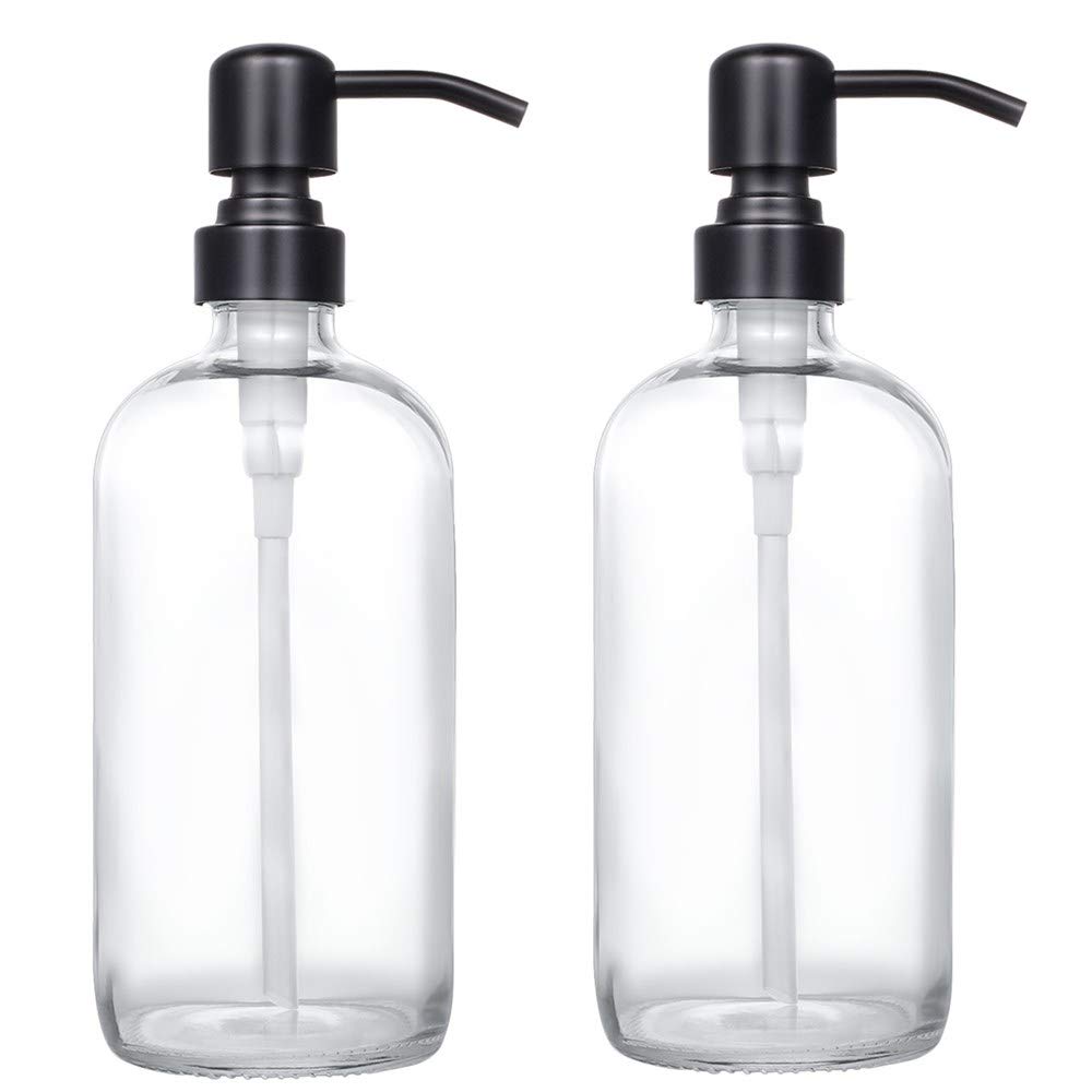 2 Pack Thick Clear Glass Pint Jar Soap Dispenser With Matte Black Stainless Steel Pump, 16Ounce Clear Boston Round Bottles Dispe