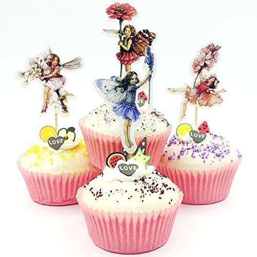 iMagitek 48 Pack Pretty Fairy Flower Cupcake Topper Picks  Cake Toppers Decorations for Fairy Flower Theme Party  Girls' Birthday Party  Wedding