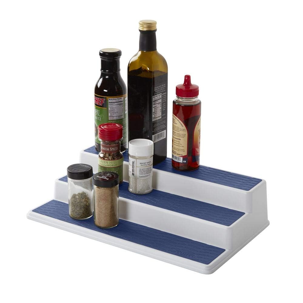 Copco 5224646 Non-Skid 3-Tier Spice Pantry Kitchen Cabinet Organizer  15-Inch  White/Blue