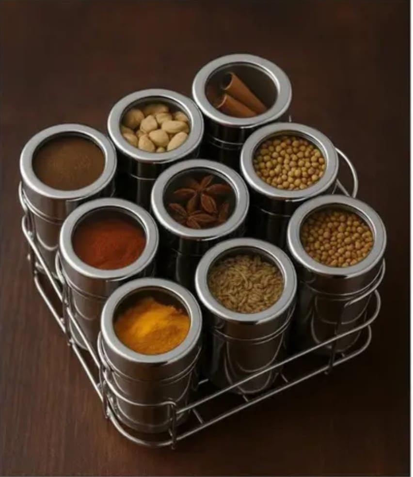 Daraz Stainless Steel Spice Container Set, 9 Jars With Transparent Lids, Kitchen Masala Organiser With Metal Stand