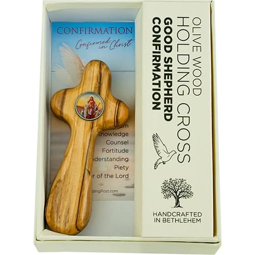 Good Shepherd Confirmation Cross w/ Gift Box - Deluxe Handcrafted Holy Land Olive Wood Cross Keepsake - Handheld Wooden Pocket C