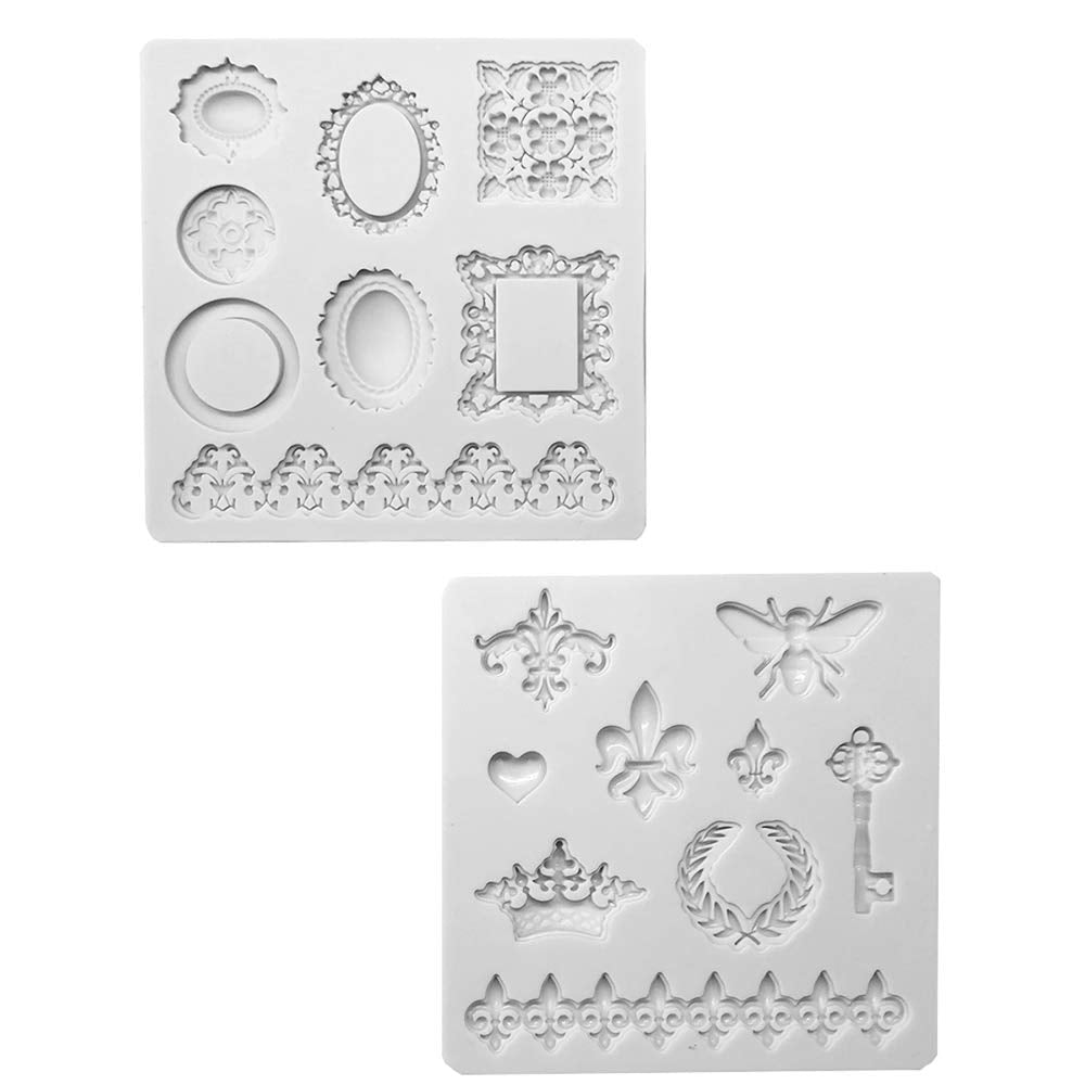 Jurxy 2Pcs Silicone Fondant Cake Decorating Mold For Chocolate, Baking, Sugar Craft, Polymer Clay, Soap, Cupcake - Bee Crown Key