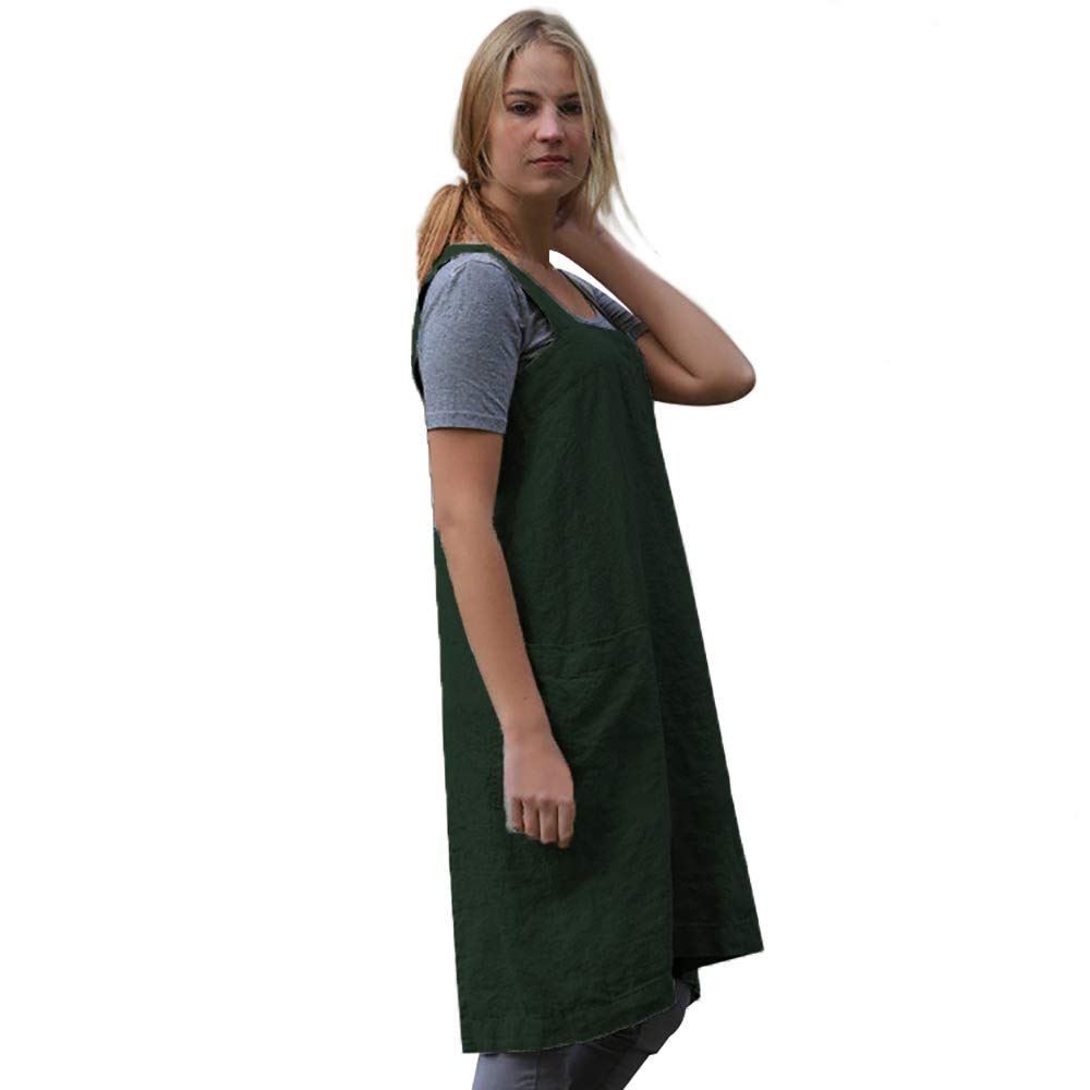 Women 'S Pinafore Square Apron Baking Cooking Gardening Works Cross Back Cotton/Linen Blend Dress With 2 Pockets Dark Green-S