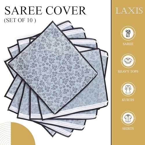 Homfil Brand - Laxis Non-Woven Printed Single Saree Cover, Saree Bag Pack Of 10Pcs, Transparent Saree Covers With Zip, Saree Cov