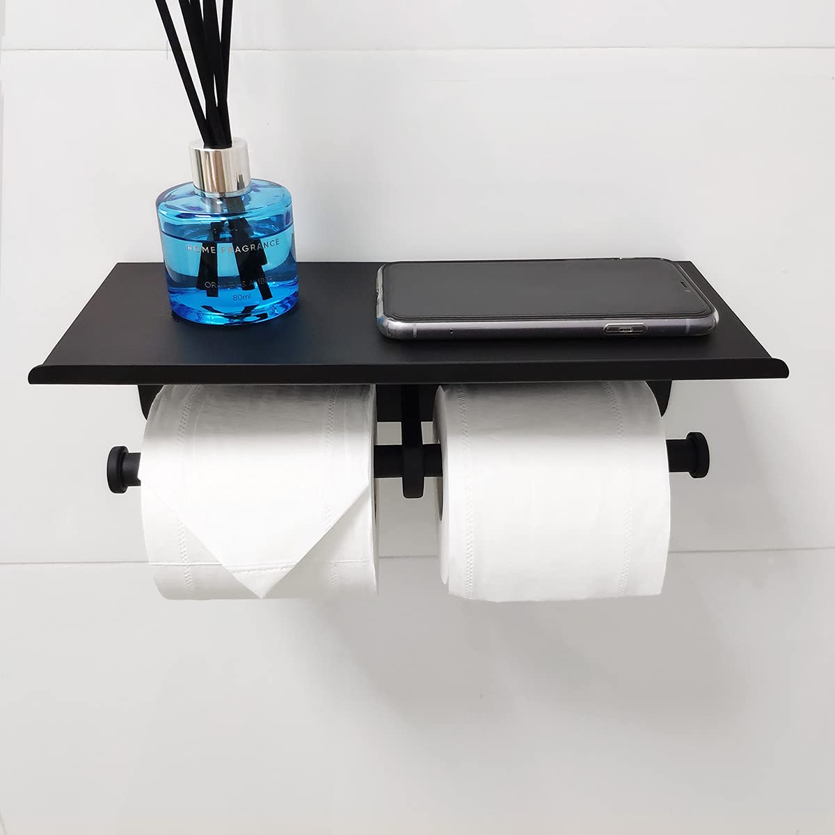 Gzila Double Toilet Paper Holder With Shelf Matte Black Wall Mounted, Dual Large Rolls Tissue Holder Multipurpose Tp Dispenser,