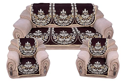 Eleganthomes Cotton Flowered 5 Seater Sofa Cover (Coffee, Brown , Standard)- Set Of 6