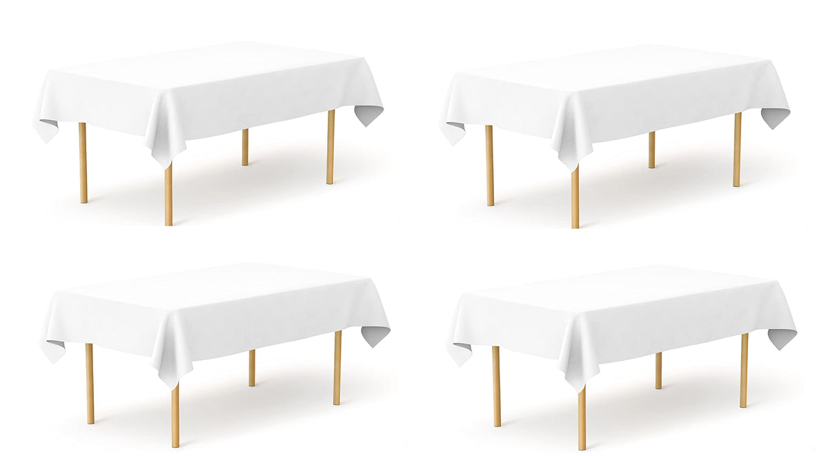 Pomp Pure White 60'' X126'' Poplin Polyester Tablecloth (4 Pack) | Wrinkle + Stain Resistant Easy Care Premium Fabric | Fits 8Ft