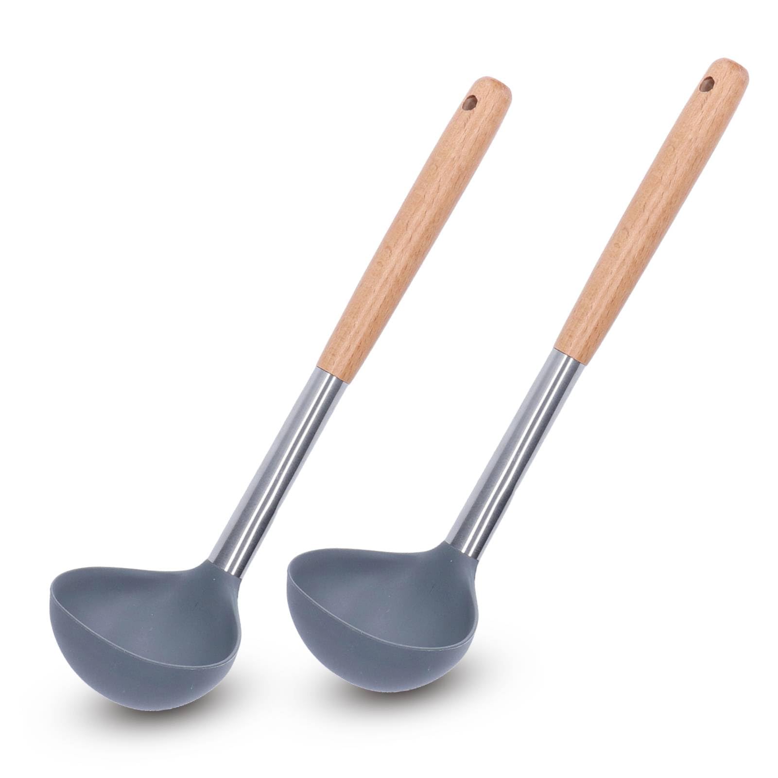Silicone Cooking Ladle, Pack of 2 Soup Ladle, Perfect for Serving Hot Soup, Portion Batter for Pancakes, and Sauce Pasta, Wood H