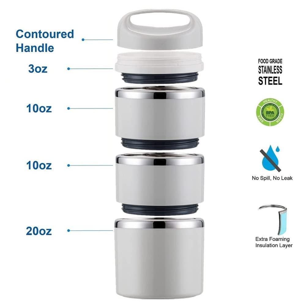 Lille Home Stackable Stainless Steel 3-Tier Lunch Box, 43OZ, Gray with Bag, Insulated Bento Container