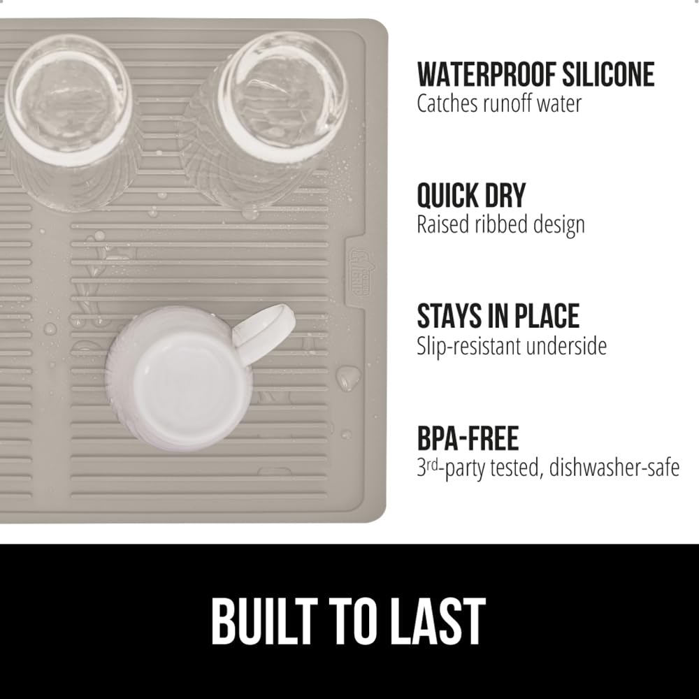 Gorilla Grip Silicone Dish Drying Mat, 18"x16", BPA-Free, Water Catching Ribbed Design, Heat Resistant, Almond Color