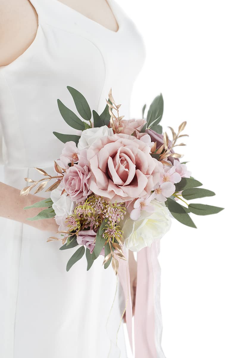 Ansofi Dusty Rose Wedding Bouquets for Bride Bridesmaid Artificial Silk Roses Flowers Tossing Bridal Bouquet for Wedding Ceremon