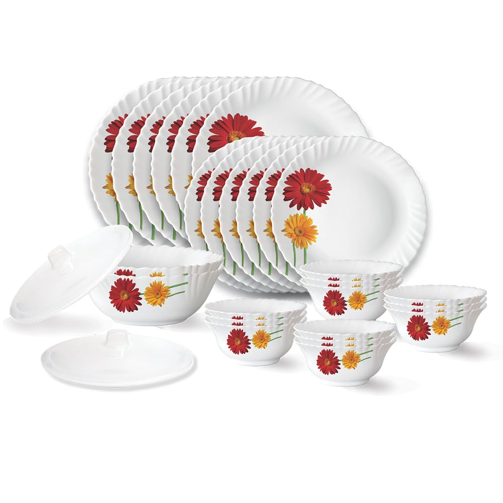 Larah By Borosil Zinnia Fluted Series Opalware Dinner Set | 28 Pieces For Family Of 6 | Microwave & Dishwasher Safe | BoneAsh F