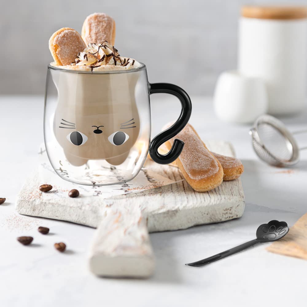 Ecooe Cute Cat Mug Glass Coffee Cup 9.8Oz Double Walled Glass Mug Cappuccino Latte Glass Cup With Handle Spoon, Milk Tea Cat Cup