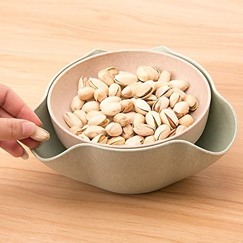 Plutreas Double Dish Pistachios Bowl, Snack Serving Bowl For Peanuts Pistachios Cherries Edamame Fruits Candy (Green)