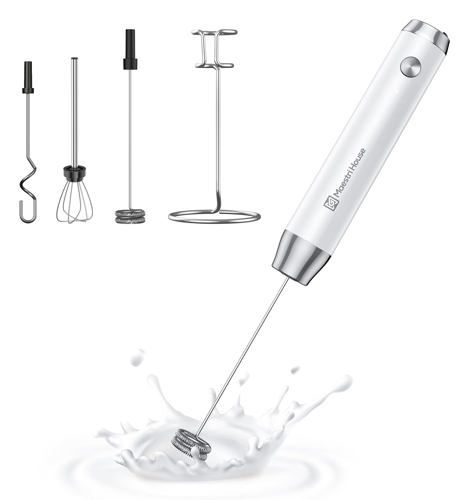 Maestri House Rechargeable Milk Frother With 3 Heads, Handheld Electric Foam Maker Waterproof Detachable Stainless Steel Whisk D
