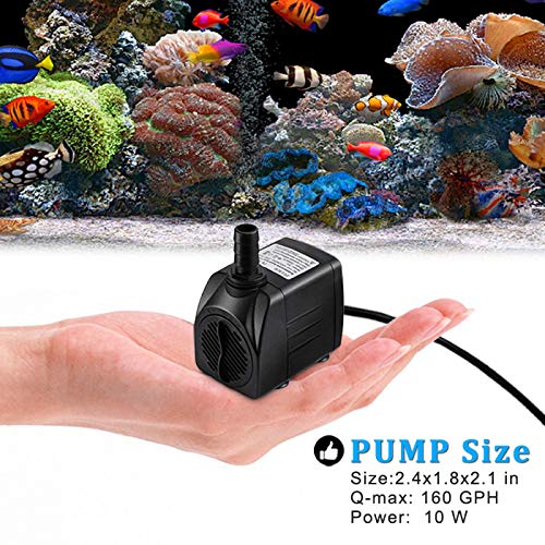 Pulaco 10W 160Gph Submersible Pump With 33 Ft Tubing For Aquariums, Fish Tank, Pond Fountain, Statuary, Hydroponics, Water Featu