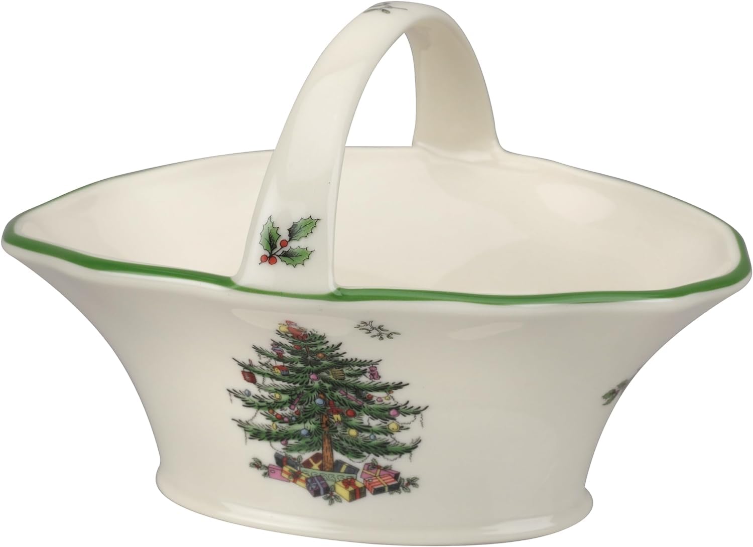 Spode Christmas Tree Candy Basket | 5.75 Inch Candy Bowl With Handle For Candy, Nuts And Potpourri | Made Of Fine Earthenware |